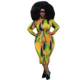 Sexy Long Sleeve O Neck Colorful Tie Dye Printed Dress YF1213