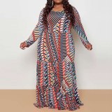 Plus Size Leopard O-Neck Long Sleeve Color Printing Elastic Dress Dresses 138495