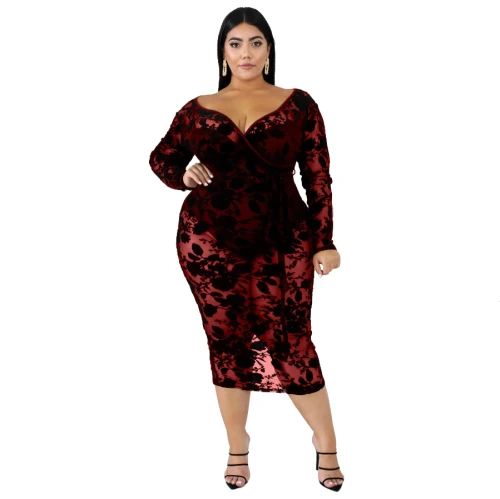 6XL Plus Size Fashion Sexy Deep V Neck Lace Back Zipper Solid Color Dresses AJ4076