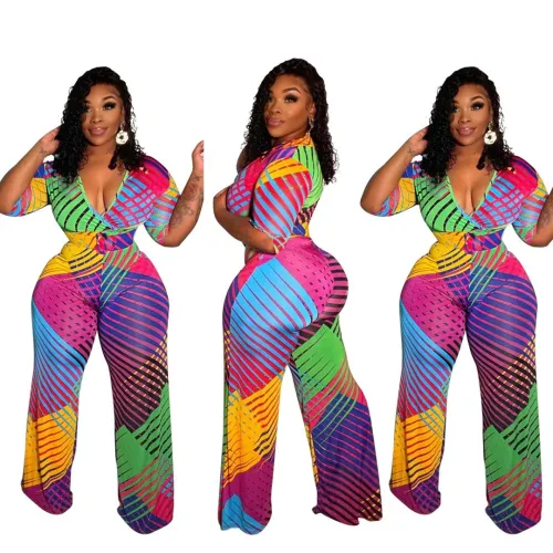 Fashion Sexy Striped Contrast Print V-neck Wide Leg Bodysuit Bodysuits Outfit Outfits LF70018
