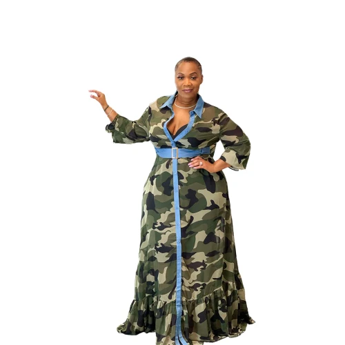 Plus Size Sexy Fashion Camouflage Print Long Sleeved Floor Length Shirt Dresses PP079