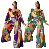 Sexy V-neck Colorful Printing Wide-leg Lantern Sleeve High Waist Bodysuit Bodysuits Outfit Outfits P80238