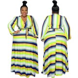 Plus Size Fashion Striped V Neck Losse Dresses GJ7806