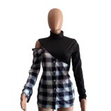 Women's  Plaid Patchwork Turtleneck Long Sleeve Blouses Long Tops P8608