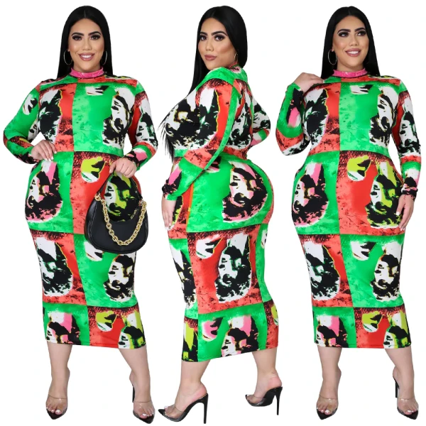 Sexy Colorful Digital Printing Clubwear O-neck High Waist Bodycon Dresses N7302