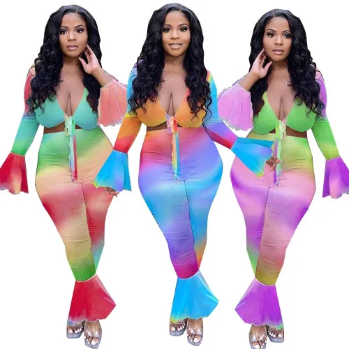 Sexy Gradient Color Printing V-neck Lace-up High Waist Flared Bodysuit Bodysuits Outfit Outfits HB4043