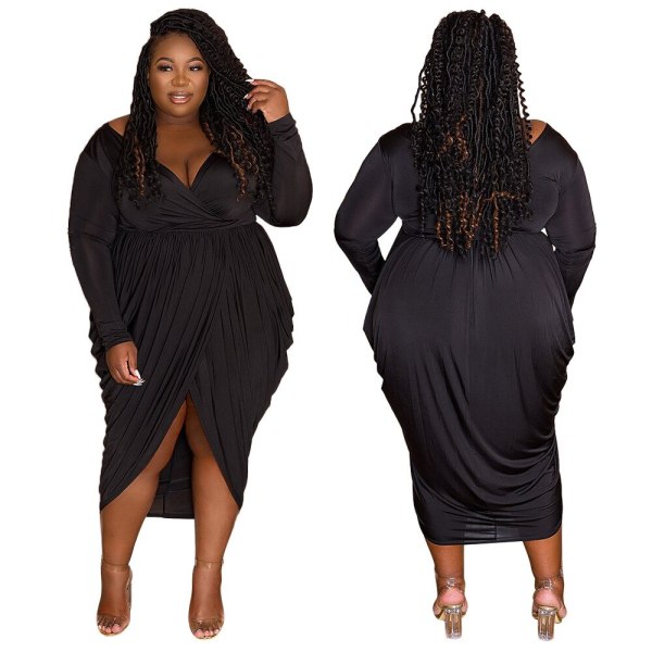 Plus Size Oversize Fold Irregular V-neck Sexy Fishtail Dress Dresses N7300