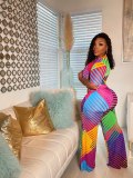 Fashion Sexy Striped Contrast Print V-neck Wide Leg Bodysuit Bodysuits Outfit Outfits LF70018