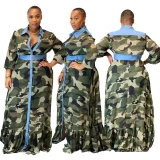 Plus Size Sexy Fashion Camouflage Print Long Sleeved Floor Length Shirt Dresses PP079