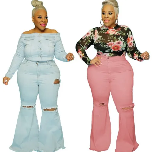 Plus Size Sexy Ripped Hollow Out Solid Skinny Flared Jeans Pant Pants 21105