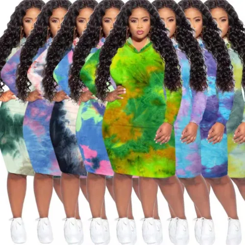 Tie-Dye Printing Hooded  Knee-length Dress Dresses SD039