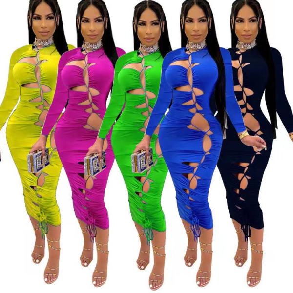 Sexy Lace Up Ruched Long Sleeve Hollow Out Bandage Dress Dresses YW0436