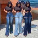 Plus Size  Metal Ring Decoration Sexy Holed Wide Leg Jeans Pants PD9518+PD9517