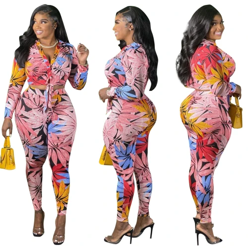 Floral Print Lace Up Shirt V Neck Buttons Bodysuit Bodysuits Outfit Outfits J21S6079