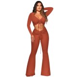 Sexy Deep V Neck Folds Fashion Flared Pants Suit Bodysuit Bodysuits Outfit Outfits HR03