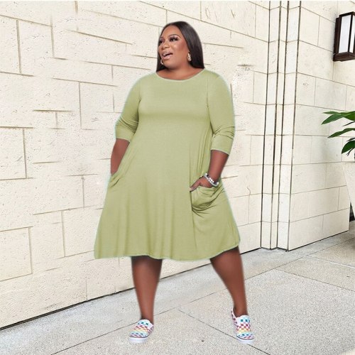 Fashion Three Quarter Sleeve O-neck Side Pocket Dresses P8111