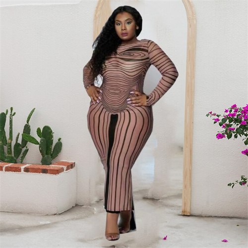 Summer Stripe Long Sleeve Women Slim Vintage Dress Dresses 9911