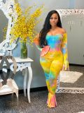 Sexy Tie-Dye Print Strapless Slash Neck Flare Sleeve Bodysuit Bodysuits Outfit Outfits  A5265