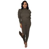 Fashion Slim Solid Color Turtleneck Puff Sleeves Bodysuit Bodysuits Outfit Outfits F8080