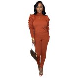 Fashion Slim Solid Color Turtleneck Puff Sleeves Bodysuit Bodysuits Outfit Outfits F8080