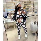 Fashion Zipper Elastic Printed Two Piece Sets Bodysuit Bodysuits Outfit Outfits W8243