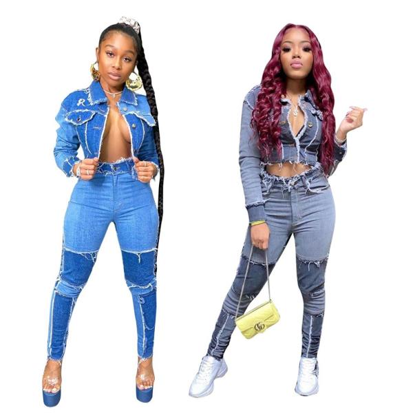 Women Denim Patchwork Jackets Jeans Suit Bodysuit Bodysuits Outfit Outfits LD8773