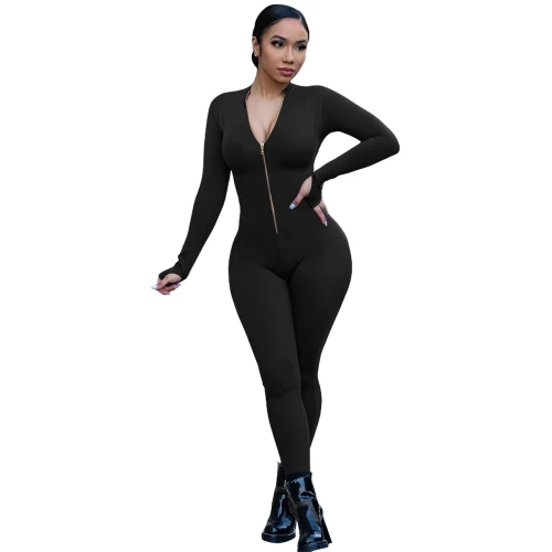 Fashion Solid Zipper Front Slim Bodysuit Bodysuits Outfit Outfits OQ022