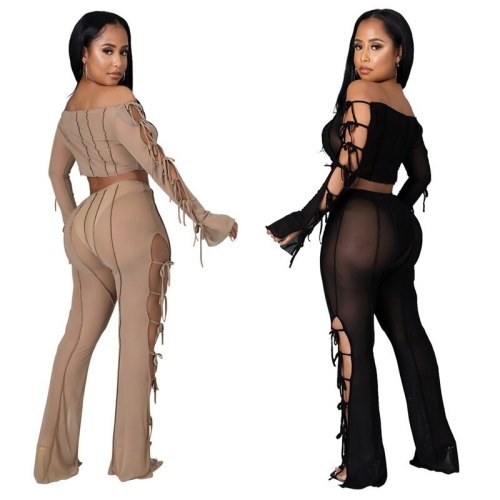 Sexy Off Shoulder Lace Up Sheer Mesh Hollow Out Bodysuit Bodysuits Outfit Outfits CY9204