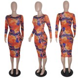 Sexy Tie Dye Printed Long Sleeve Pencil Dress Dresses OS6178