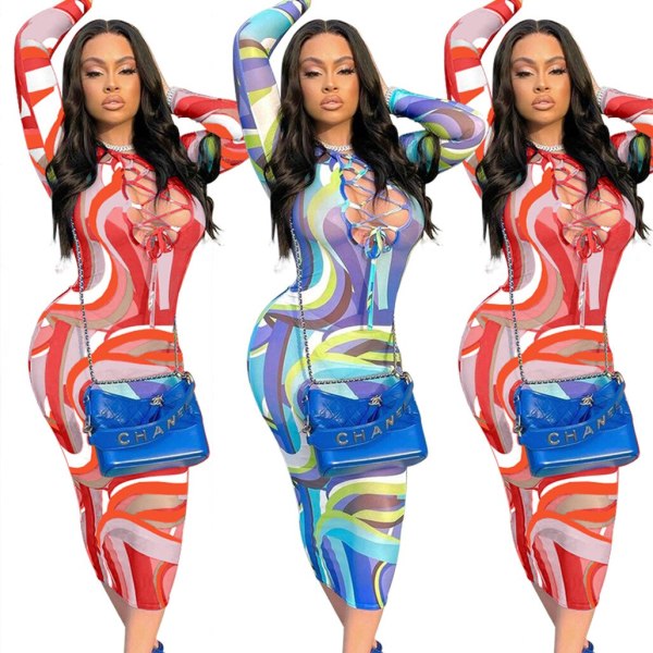 Sexy Printing Mesh Long Sleeves Crew Neck Lace up Hollow Out Bodycon Dress Dresses X1144