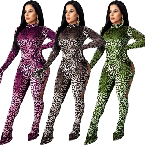 Sexy Leopard Cut Out Bodycon Flare Sleeve Bodysuit Bodysuits Outfit Outfits 31160