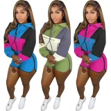 Sexy Patchwork Long Sleeve Hooded Crop Top Bodysuit Bodysuits Outfit Outfits S390211