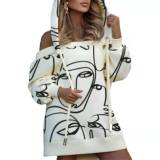 Fashion Off Shoulder Loose Drawstring Hoodie Casual Print Dresses YH8122