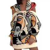 Fashion Off Shoulder Loose Drawstring Hoodie Casual Print Dresses YH8122