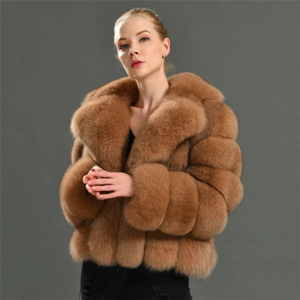 Winter Striped Warm Long Sleeves Fox Fur Turn Down Collar Coats 00214