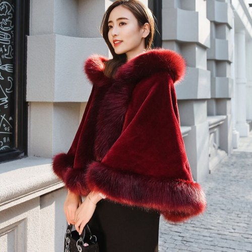 Autumn Winter Fashion Faux Fox Fur Hooded Loose Warm Cape Coats