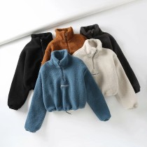 Fashion Zipper Lamb Wool Hoodie Coats Long Sleeve Pullover Tops BH-102233