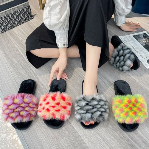 Winter Warm Slip On Flats Fluffy Flat Furry Slides Soft Slippers