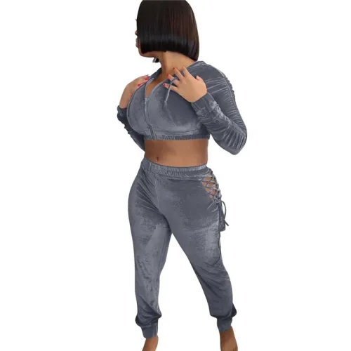 Fashion Zipper Hooded Velvet Tracksuit Two Piece Set X108901