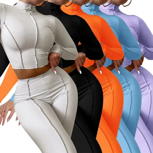 Autumn Women High Waist Patchwork Knit Ribbed Sportsuits Q21S959610