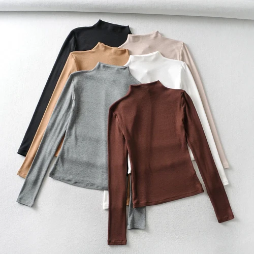 Women High Neck Long Sleeved Rib T-shirt Tops GWY884-32689Z1031Z