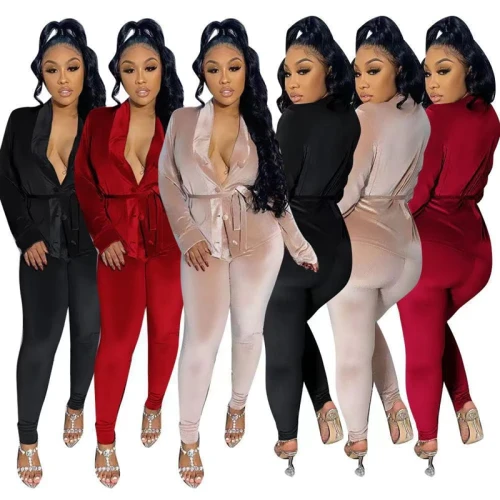 Velvet Button Up Bandage Tops Bodycon Pants Two Piece Set D8006576
