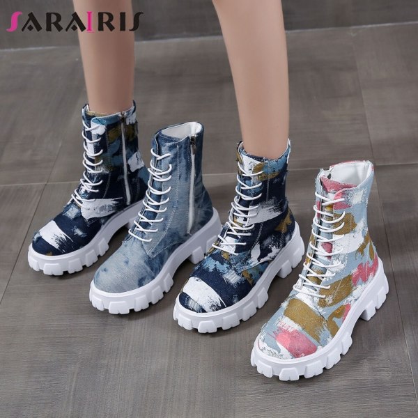 Fashion Color Graffiti  Ankle Boots Platform Chunky Heels Short Boots F44556