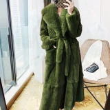 Fashion Belt X Long V Neck Thick Warm Faux Fox Fur Winter Coats for Women  A3041#