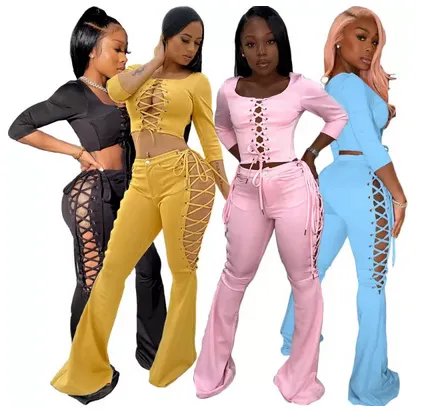 Fashion Leisure Long Sleeve Square Neck Corns Bandage Flared Pants Two-piece Set S17788