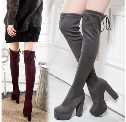 Lace Up Square High Heel Round Toe Sexy Over The Knee High Boots S-43849