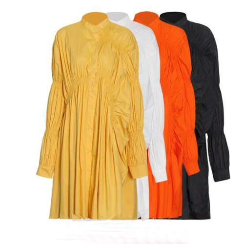 Personality  Single Breasted Puff Sleeve Solid Loose Pleated Irregular Shirts Dresses OF1698293