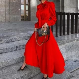 Sexy Satin Long Sleeve Stretch Retro Front Knot Skinny Dress Dresses FD00314