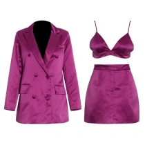 Sexy Purple Three-piece Double-breasted Suit Camisole Short Skirt Jacket Coats CSE86454152