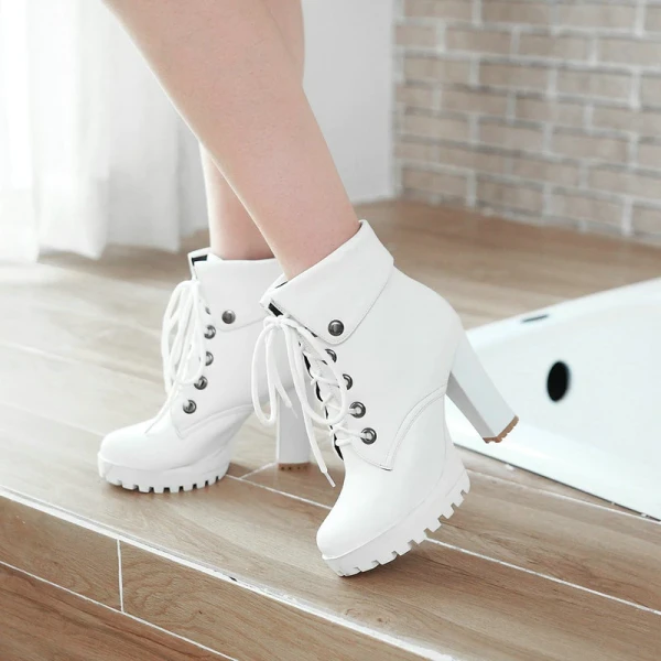 Fashion Lace Up Square Ankle High Heels Boots wyy202004270213